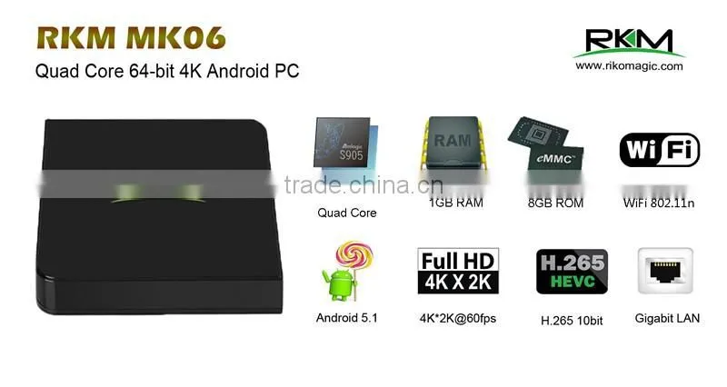 MK06 64 bit, not 32bit CPU, 4K, H.265 Amlogic s905 quad core tv box