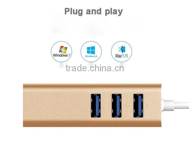 Silver casing USB 3.1 USB-C to 3-Port USB 3.0 Hub with Ethernet Adapter