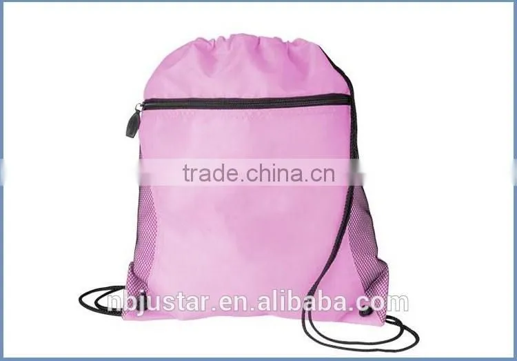 2016 Christmas Promotioanl Customized Cheap Custom Christmas Drawstring Gift Bags with Side Mesh Pocket