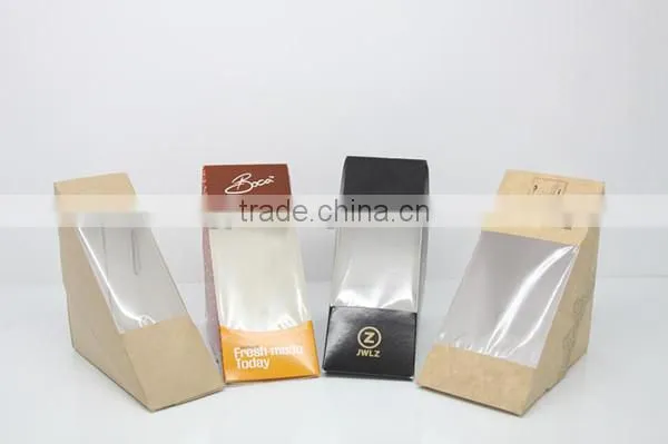 brown kraft paper Custom Logo Design Triangle Paper Sandwich Box with PP Window