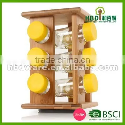 Hot selling glass spice jars with bamboo rack wholesale