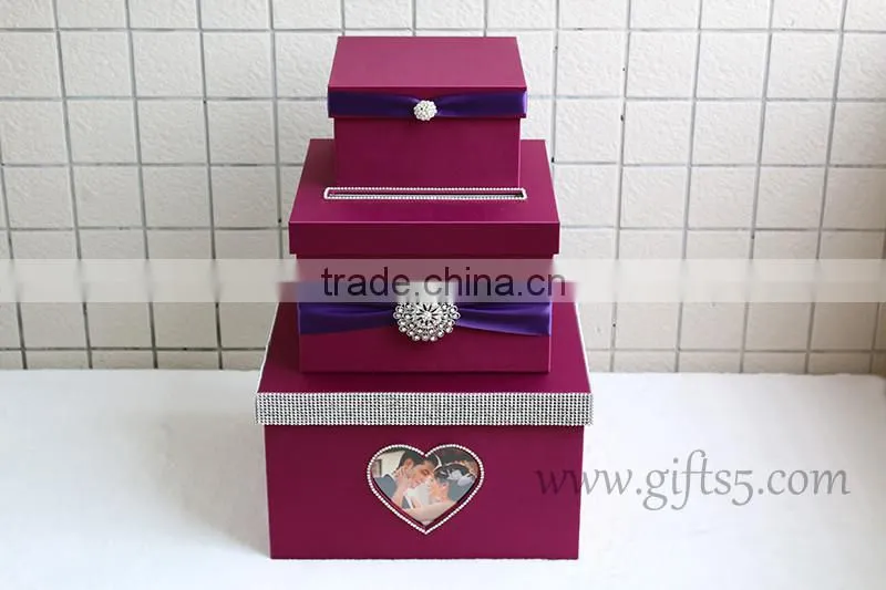 Elegant purple wedding card box in handmade with photo frame