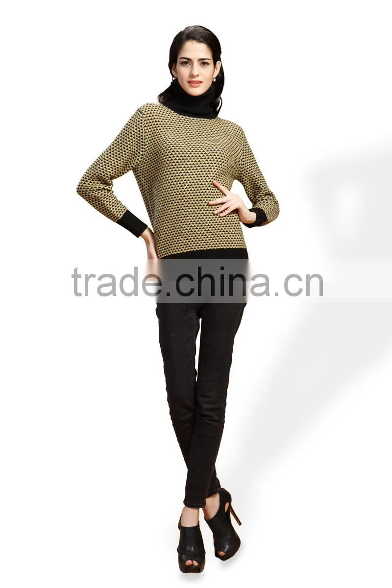 Women Jacquard Knitting Cashmere Sweater, Ladies Delicate Black Neck Sweater