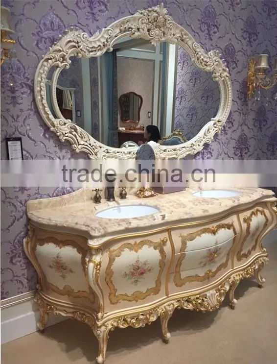 Elegant Floral Painting Bathroom Vanity With Double Sink, Carved Wooden Sanitary Ware Furniture Bathroom Cabinet With Marble Top