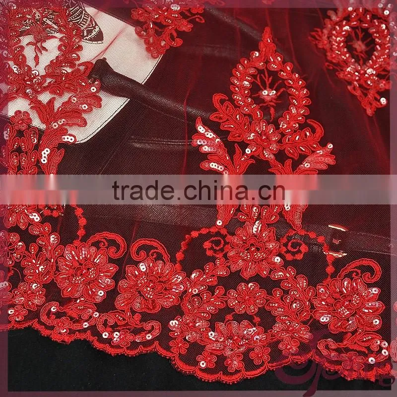 Red floral tulle embroidery with cord lace,sparkle beaded sequin lace fabric for wedding