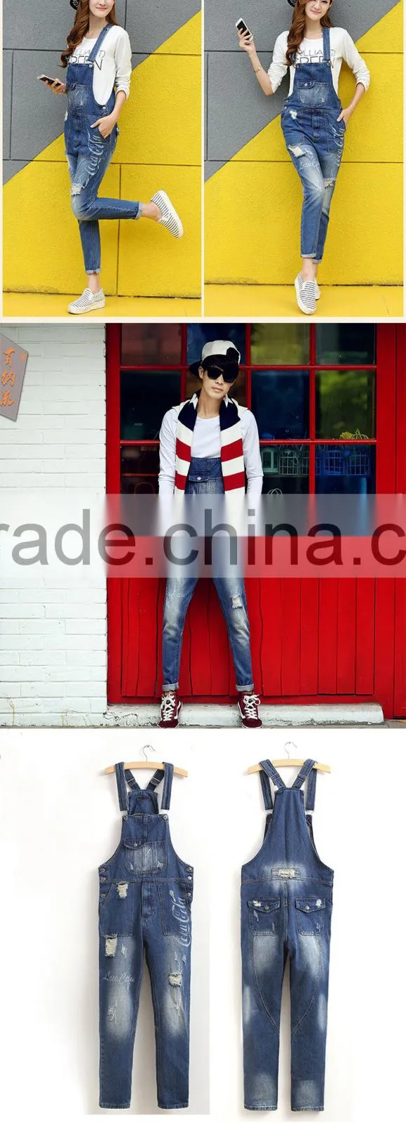 New model custom boyfriend jeans rompers high quality ripped bib overalls for men