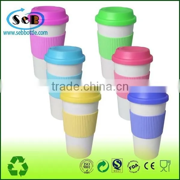 Custom Printed Double Wall PP Plastic Coffee Mug With Lid And Silicon sleeve