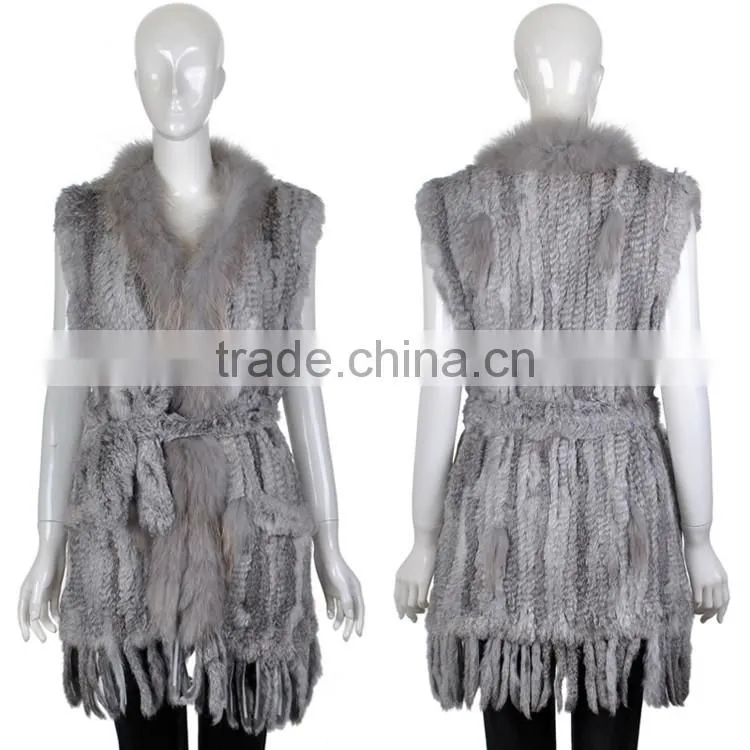 Yanran Fur Factory YR250 Fashion Woman Fur Gilet with Tassels Knit Real Rabbit Raccoon Fur Vest
