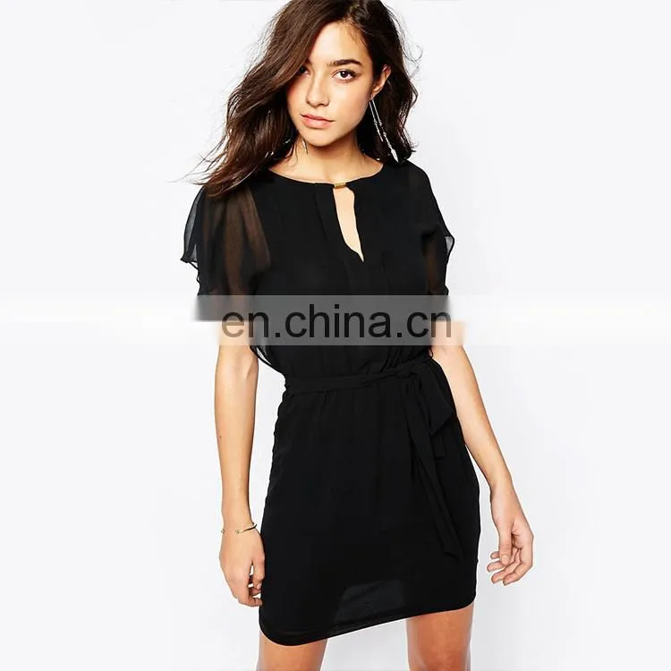 New arrival cup sleeve cut out back black chiffon evening dresses china
