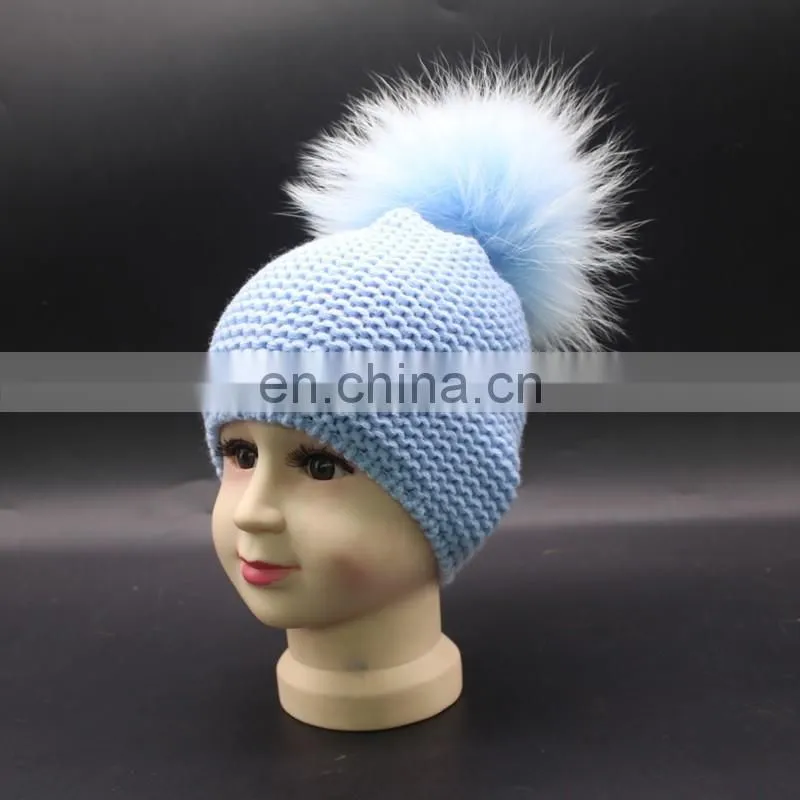 Womens Girls Real Large Raccoon Fur Pom Pom Winter Beanie Hats