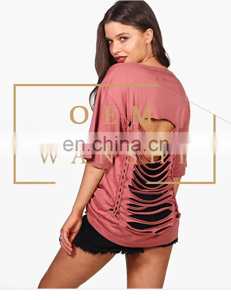 High quality 100% cotton half sleeve women distressed t shirt