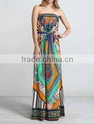 Glamorous geometric printed sleeveless bandeau long tube bangkok dress