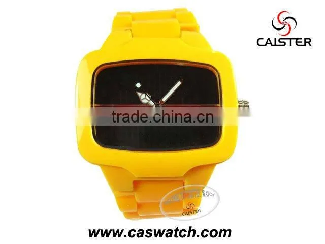 Wide yellow plastic watch with square case