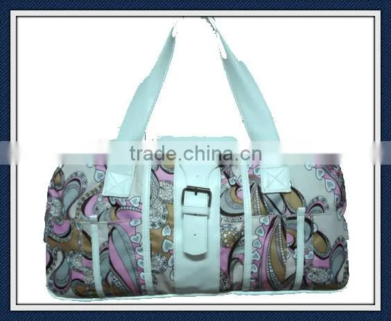 Cheap polyester tote bag with leather trim