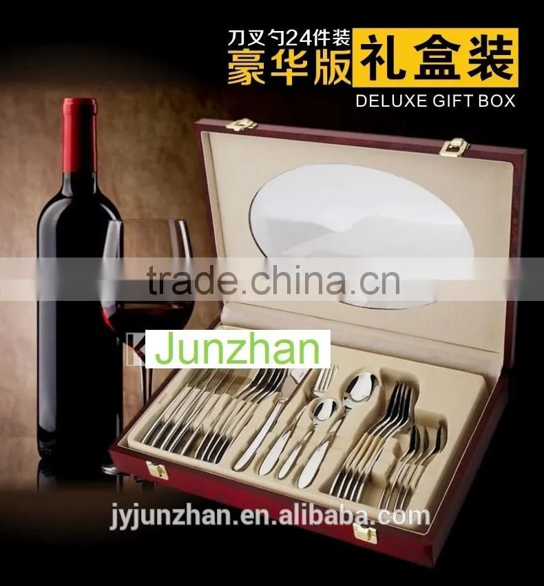 24pcs spoon fork knife sets with plain handle and wooden box packing