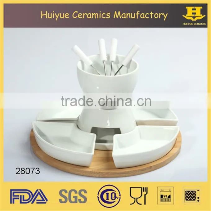 ceramic chocolate fondue set with bamboo base