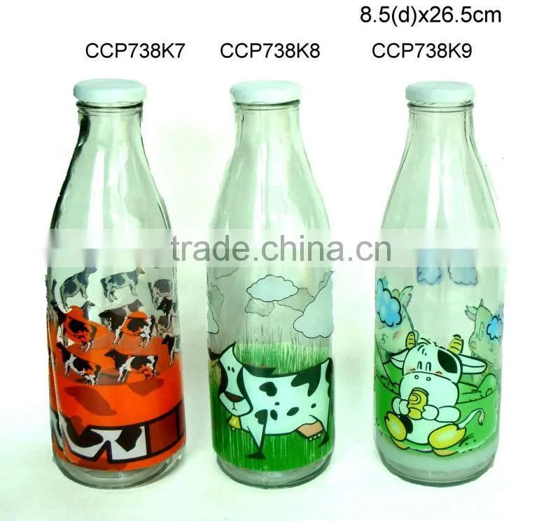 CCP738K21 1L glass milk bottle with decal printing with metal lid