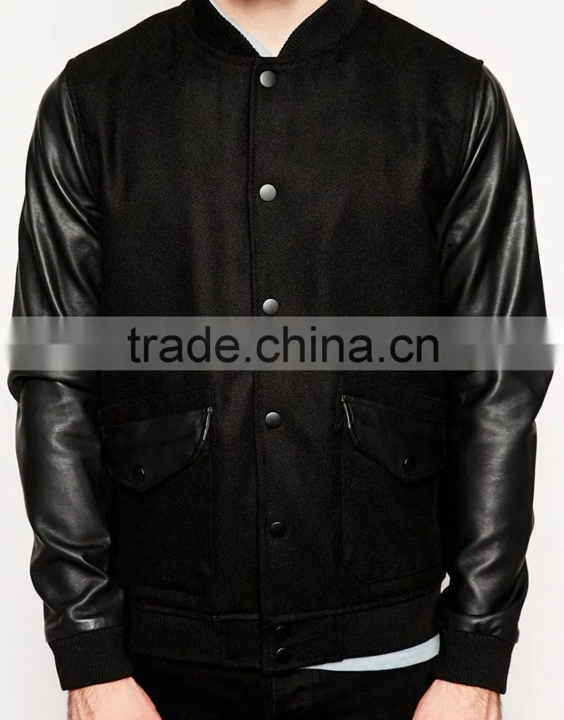 mens wool bomber jacket with PU sleeves