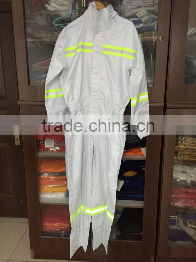 White coverall with reflective tapes 200D oxford/PVC coating