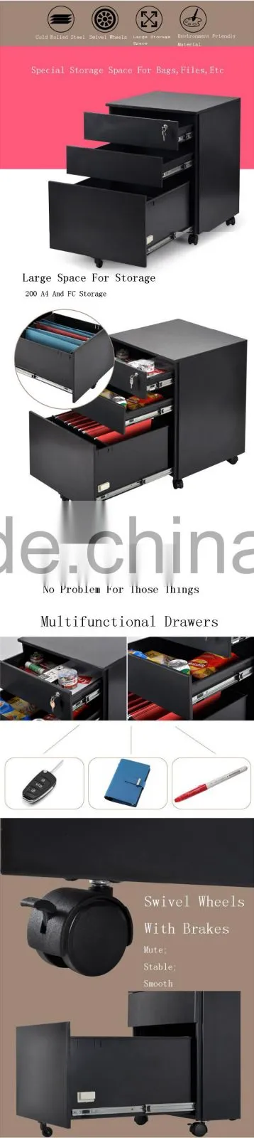 TJG Taiwan Large Storage 3 Drawer Filing Cabinet Movable And Drawer Pulls