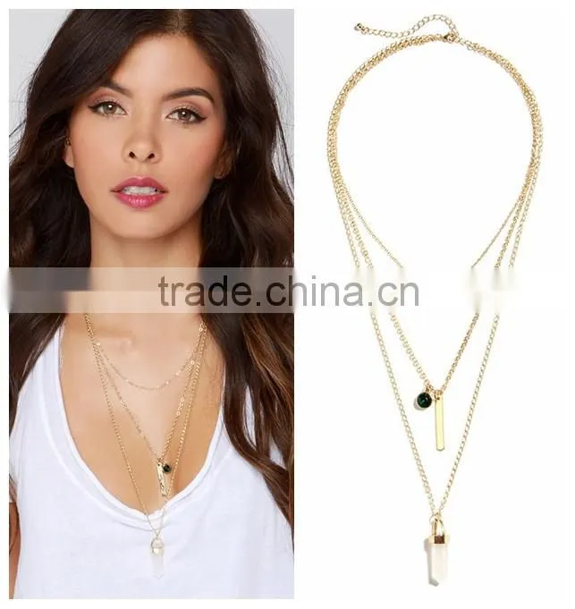 Hot Sale European And American Design Rose Gold Plated Necklace Ornaments Multilayer Emerald Crystal Color Stone Bead Neckladces