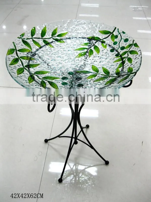 hand painted glass birdbath with metal stand, garden bird bath, bird feeder tray