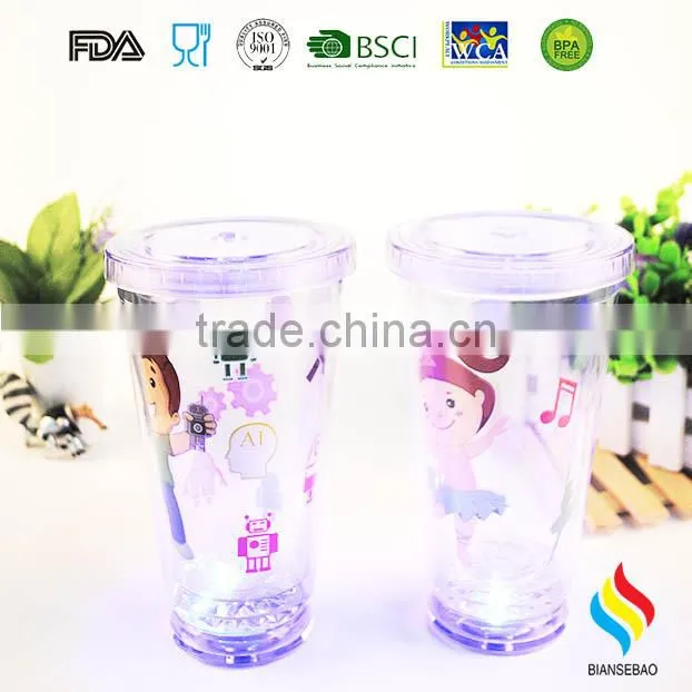 16OZ LED light double Wall BPA free plastic tumbler with straw