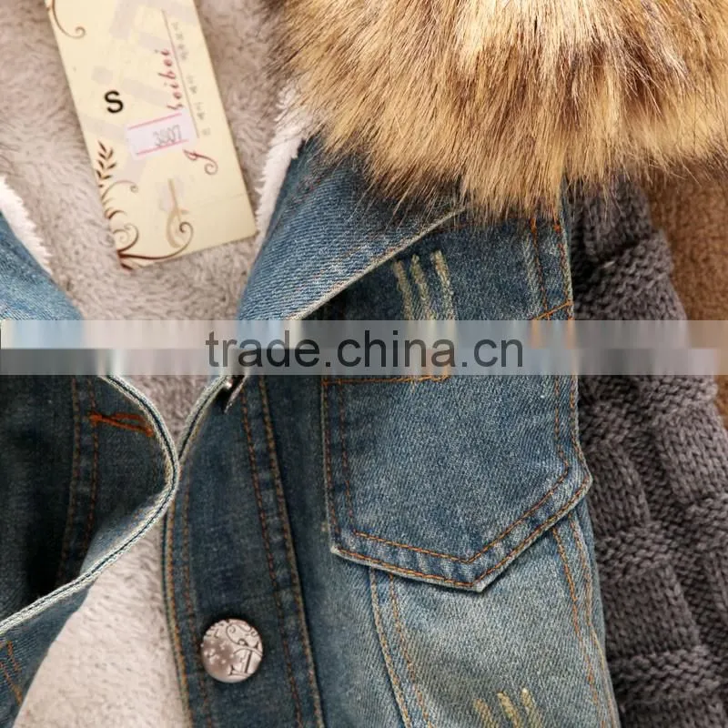 2016 Women winter removable denim parka coat wholesale denim jacket with raccoon fur collar