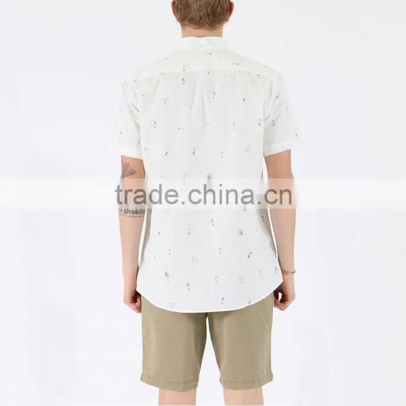 New fashion custom button up short sleeve white printed shirts for men