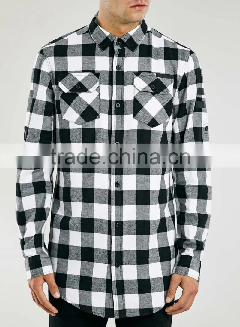 High quality Mens Casual Shirt With Pocket Black White Plaid Shirt