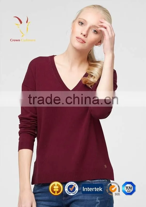 Women Red V Neck Cashmere Sweater Tops