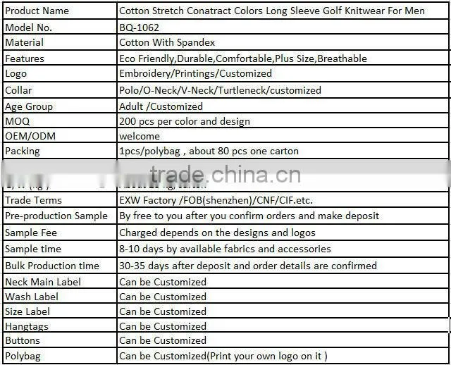 Cotton Stretch Conatract Colors Long Sleeve Golf Knitwear For Men