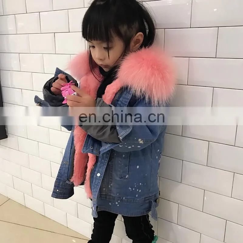 Fashion Casual Denim Jacket Raccoon Fur Collar Real Rabbit Fur Lining Cute Child Coat