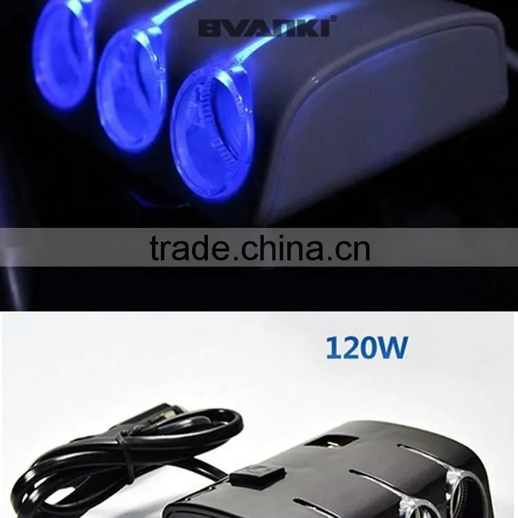 New Factory Price 3 Sockets Car Cigarette Lighter DC Power 12V 24V Car Cigarette for iPhone usb car charger with Dual USB Ports