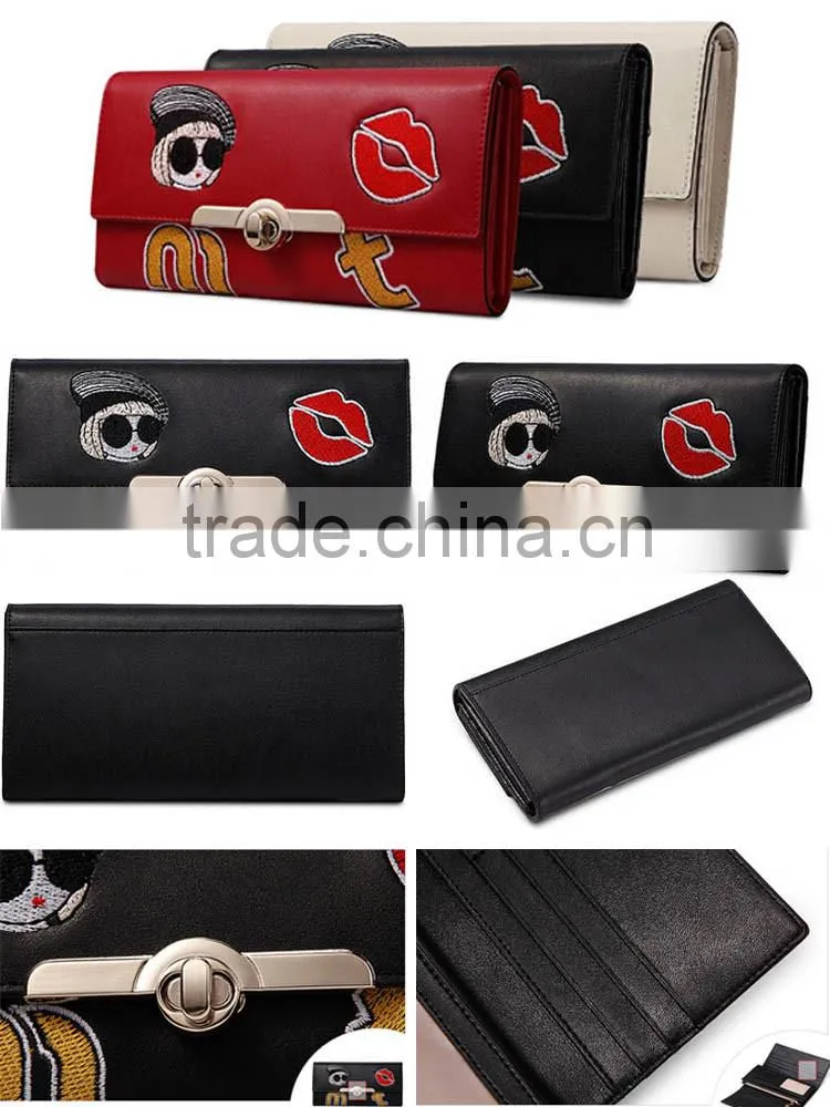 Wholesale woman leather wallet lady money bag embroider patter purse