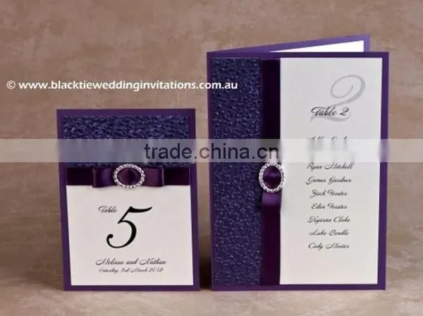 2016 newmengxing elegant and vintage purple color embosing wedding invitation card, purple ribbon