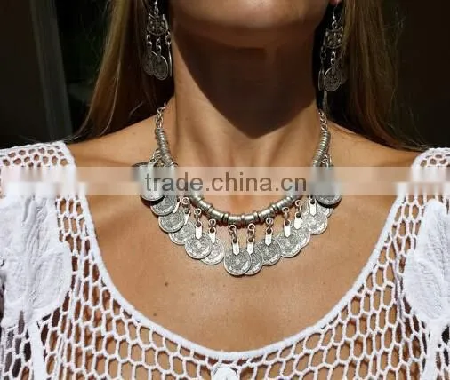 Chunky Punk Tribal Retro Antique Silver Coins Plated Alloy Bib Choker Necklace