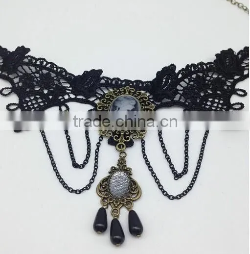 Handmade Flower Drop Pendant Black Lace Choker Necklace Goth Vintage