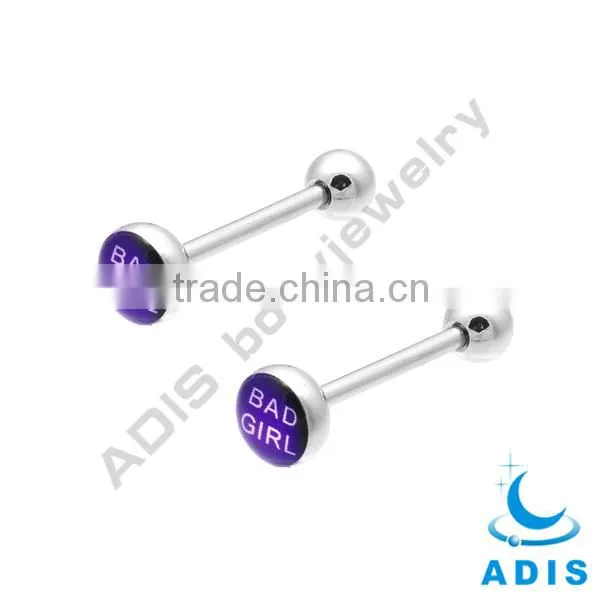 High polished surgical stainless steel tongue barbell with expoxied words logo
