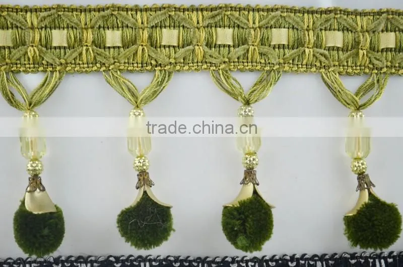 hot pom pom curtain tassel fringe trimming,fancy pom pom tassel fringe