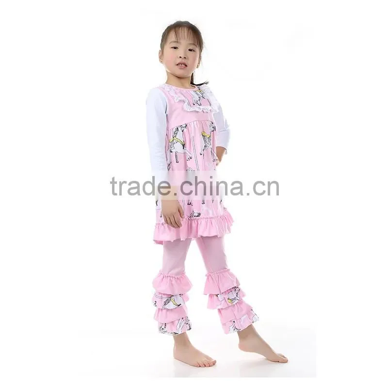 2016 New pink Spring/summer Baby Girl Knitted Cotton 2pcs Boutique Clothing Set Lovely Baby Girl Spring Ruffle Pants Outfit