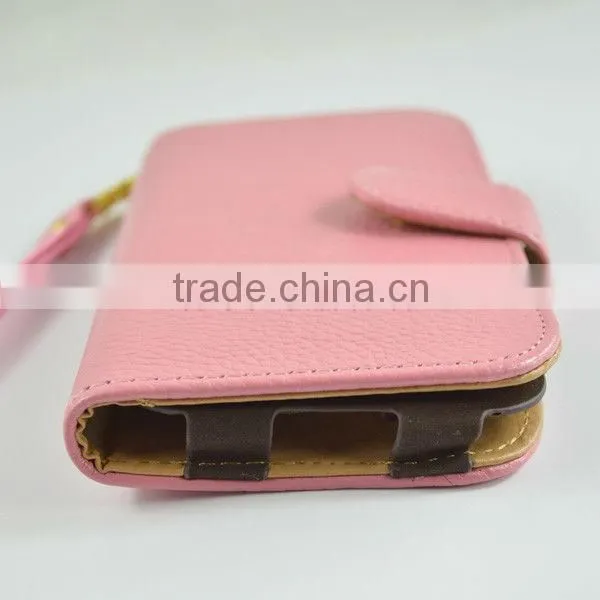 fashion real leather wallet phone case for Samsung i9500 with card slot and strap hot selling