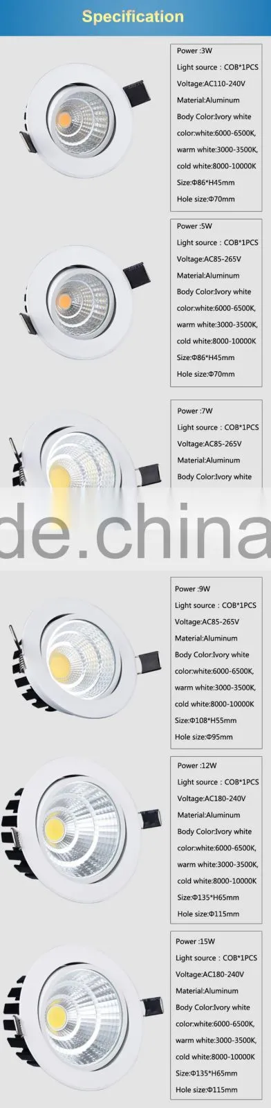 12w 15w Recessed Round Cob saa led downlight