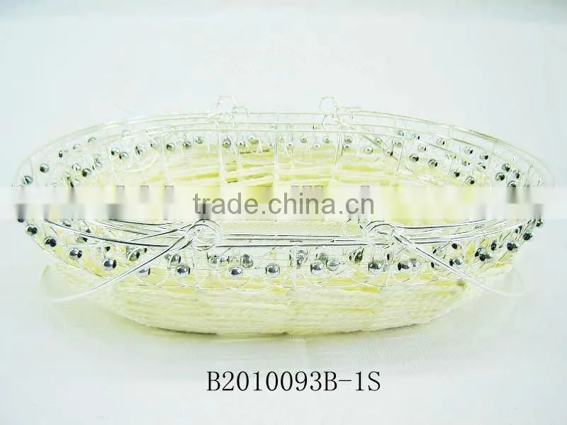 Silver metal wire and paper rope rectangle fruit storage basketry