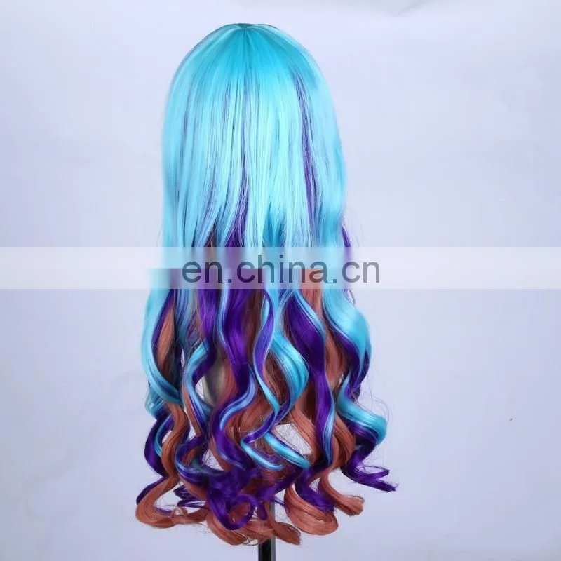 Popular Long mazarine Blue Mix color Cosplay Curly Wig
