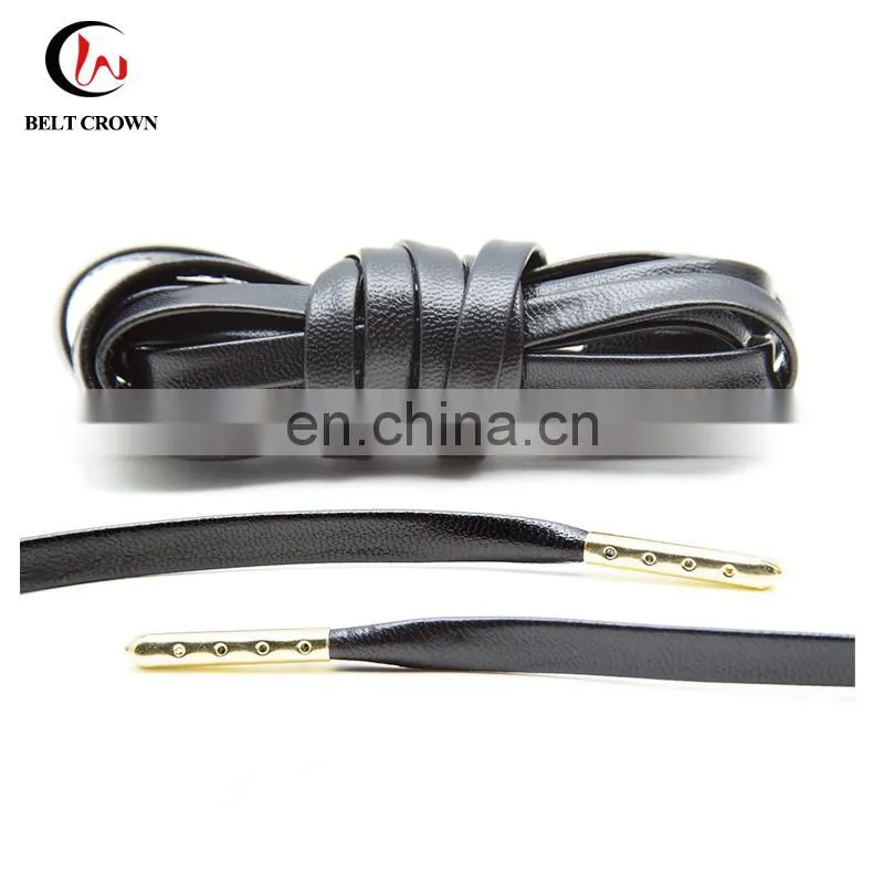 Luxury black flat boot shoelace genuine leather shoe lace with metal tips
