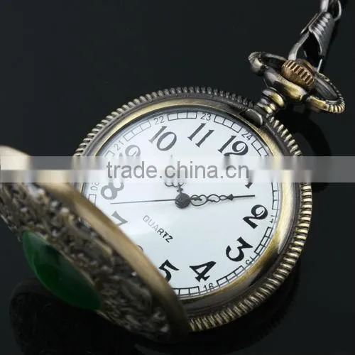 Unisex Green Gem Hollow Case White Dial Pocket Watch WP087