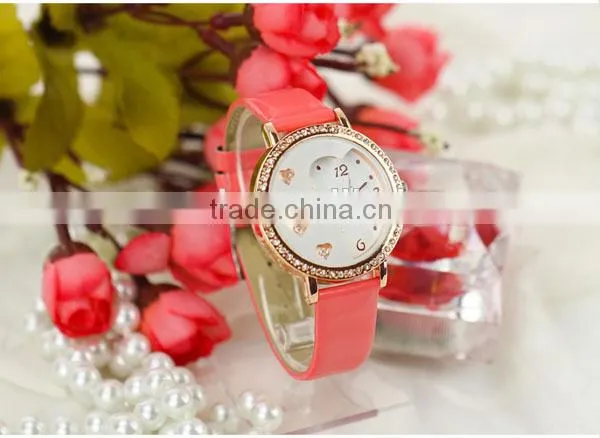 Fashion beautiful heart shape diamonds watch gilrs leather quartz watch