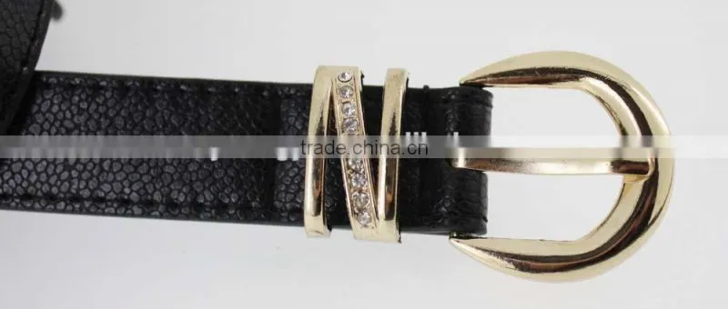 Women's Plain High Quality PU faux leather belt with rhinestone ring in YiWu/Thin waist belt for lady