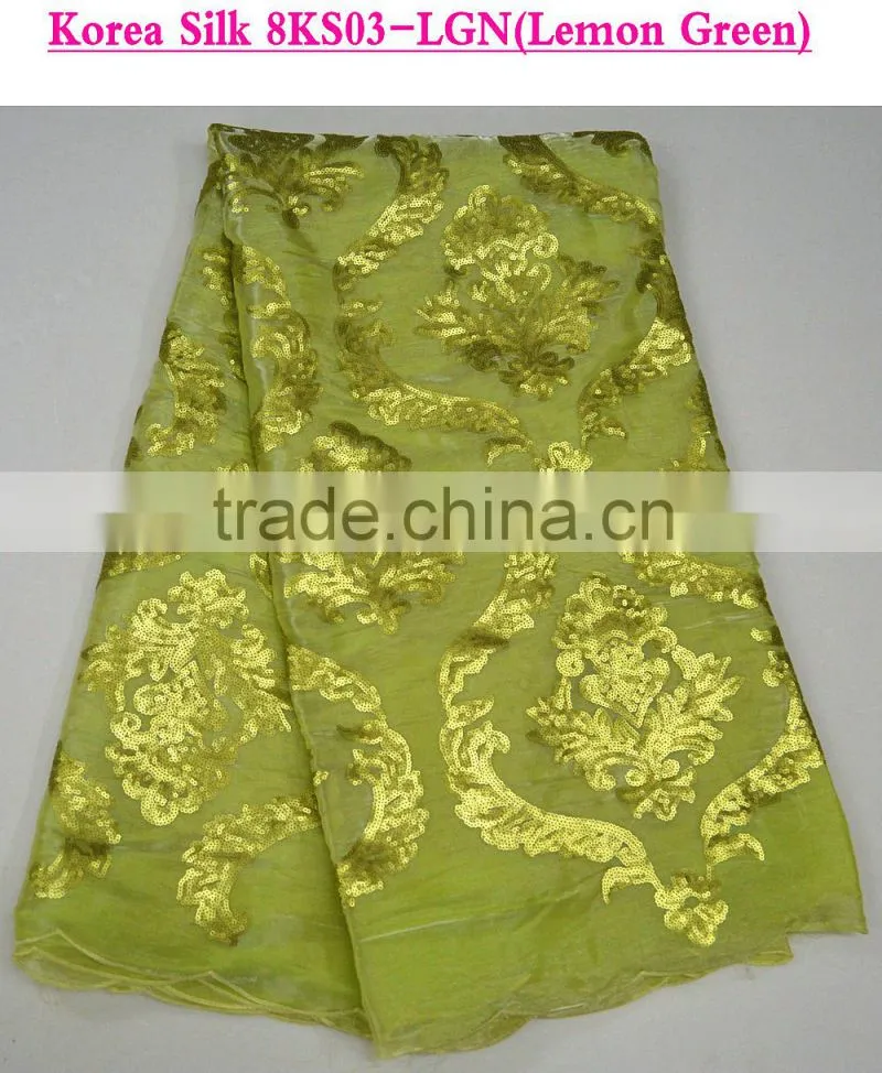 High quality lemon green korean sequins lace fabric